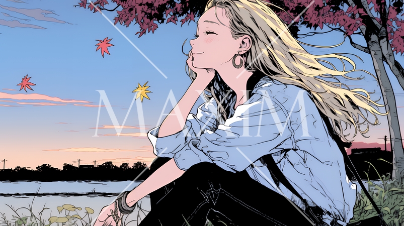 秋の夕暮れと紅葉と若い女