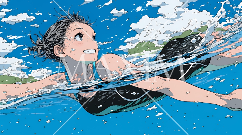 海で泳いでいる若い女性