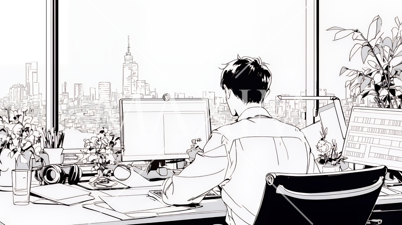 企画書を作成しているビジネスパーソン（シンプルな色使い）