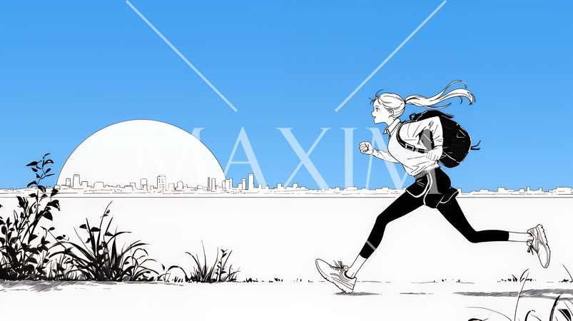 夕方の街並みを背景にジョギングをする若い女性（シンプルな色使い）