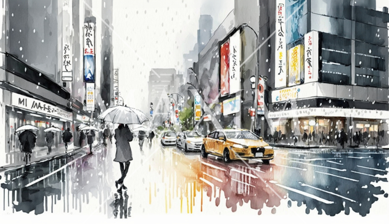 雨の東京の街角を女性が歩いている：水彩画