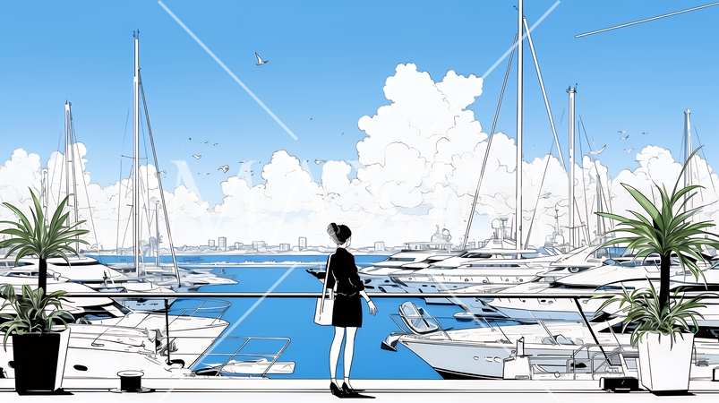 沖縄のヨットハーバーに立つ若い女性（シンプルな色使い）