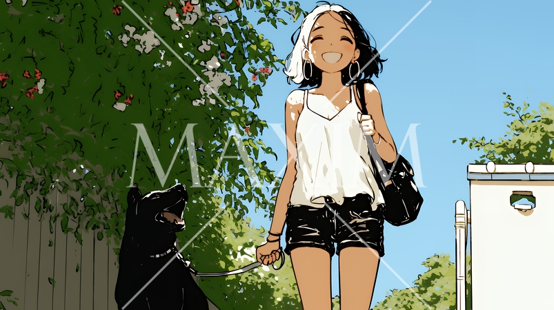 愛犬と散歩している若い女性（シンプルな色使い）