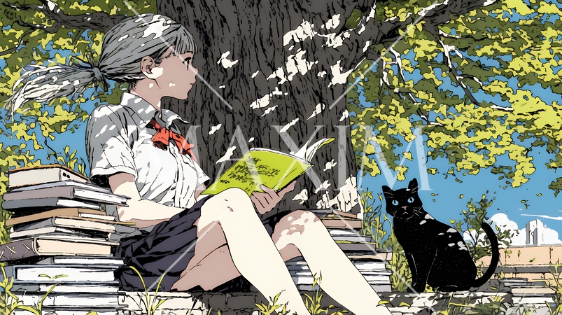 読書の秋：紅葉の木の下で本を読んでいる若い女性