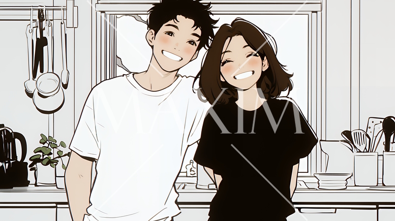 幸せそうなカップル：ダイニングルームて談笑（シンプルな色使い）