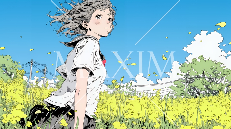 春風の中、菜の花畑にいる制服姿の女子高生