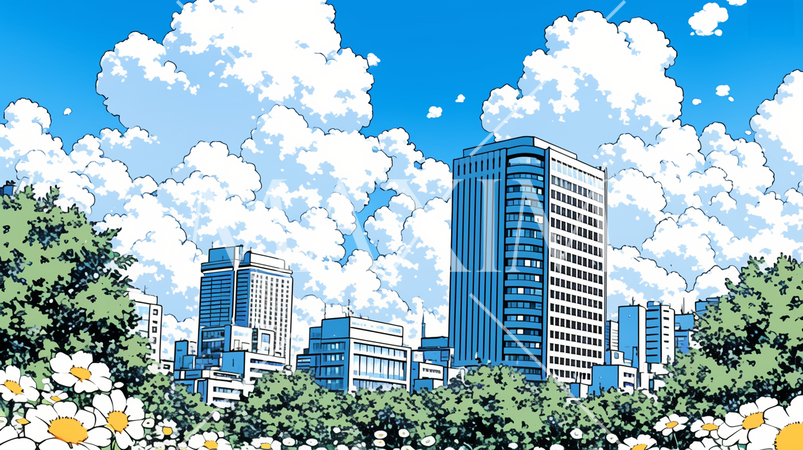 都市の町並みと夏の青空