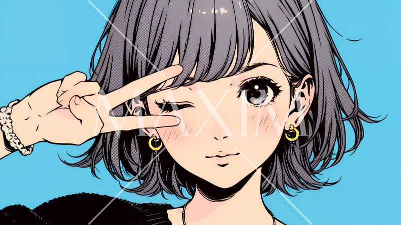 アイドルのように顔の横でピース＋ウィンクしている若い女性