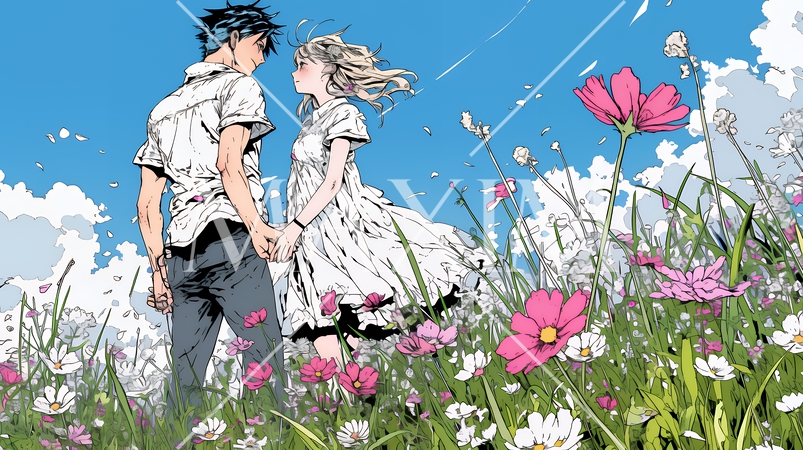 コスモス畑でデートをしている若いカップルコスモス畑でデートをしている若いカップル