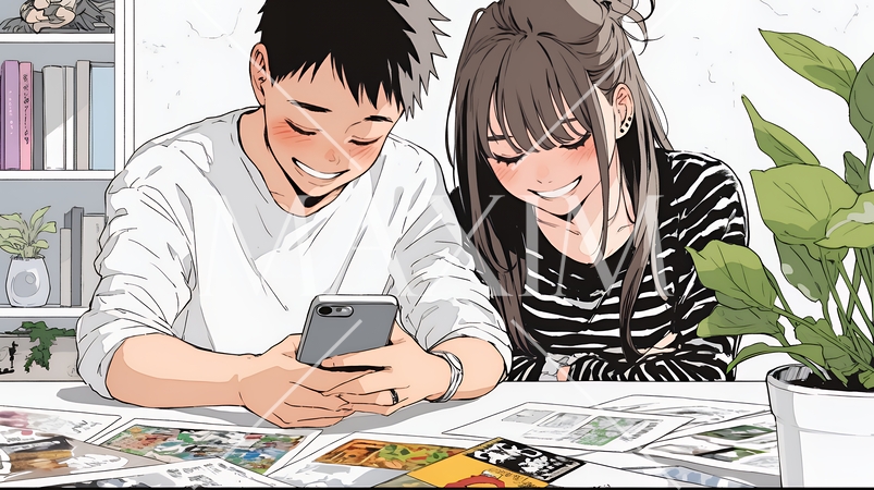 幸せそうに一緒にスマホを見る若いカップル