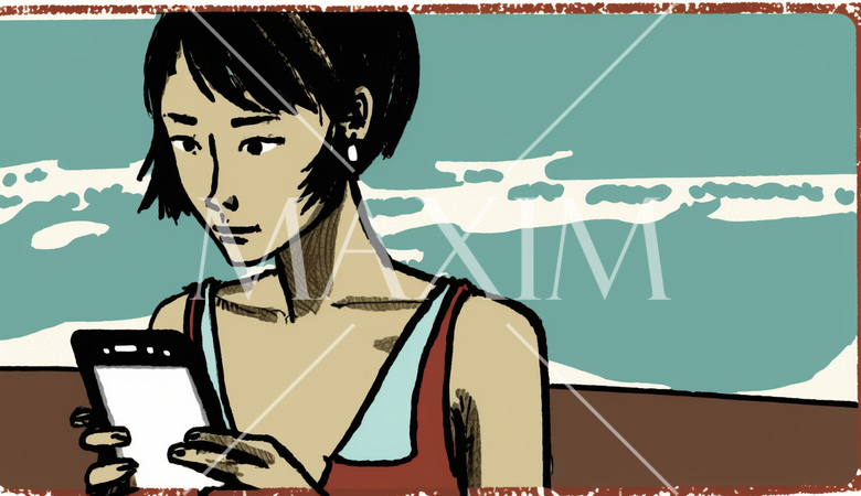 海辺のリゾートに来ているのに仕事のデジタルデバイスを手放せない女性