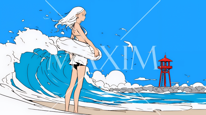 一人旅の若い女性と夏のビーチの風景（シンプルな色使い）