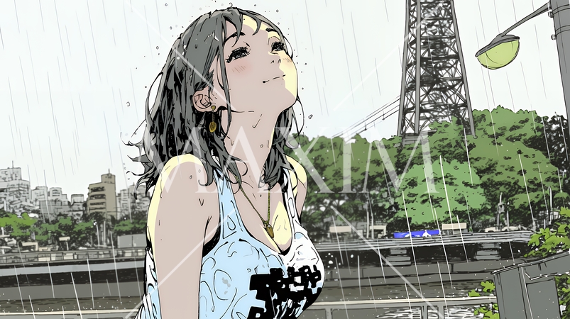 夏の急な雨でびしょ濡れの若い女性