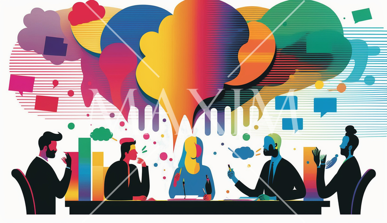 会議とブレインストーミング：人々が会議室で議論し、アイデアを出し合う場面。