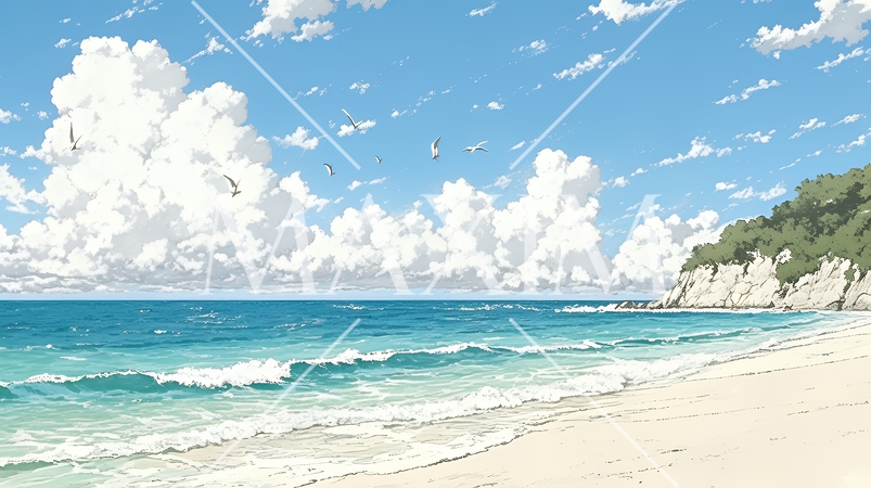 夏の海と空と白い浜辺