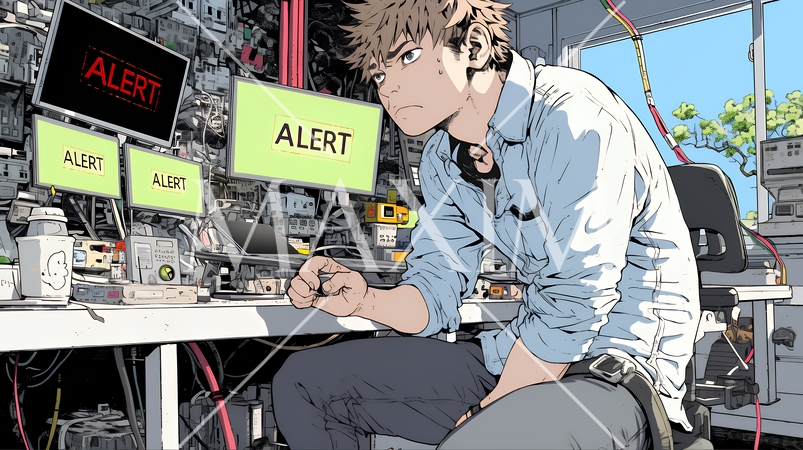 技術的な問題に直面し、肩をすくめて困惑している技術者