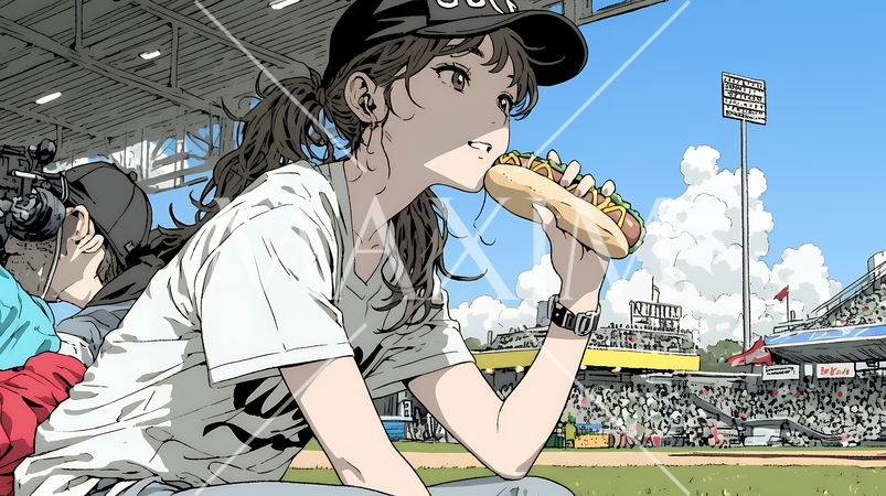 野球などの屋外スポーツを観戦しながら、ホットドッグを頬張る若い女性。