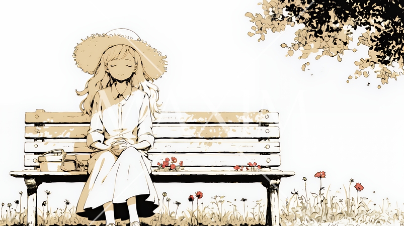 公園のベンチでひとり静かにくつろぐ若い女性（シンプルな色使い）