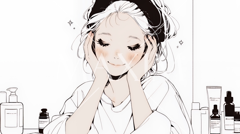 スキンケアを念入りに行う若い女性（シンプルな色使い）