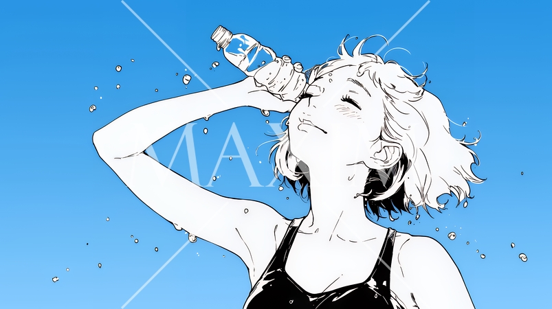 強烈な日差しでヘトヘト状態の女性（シンプルな色使い）