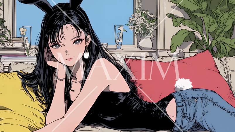 バニーガール：ジーンズを脱ぎバニーガールコスチュームに着替え中の若い女性