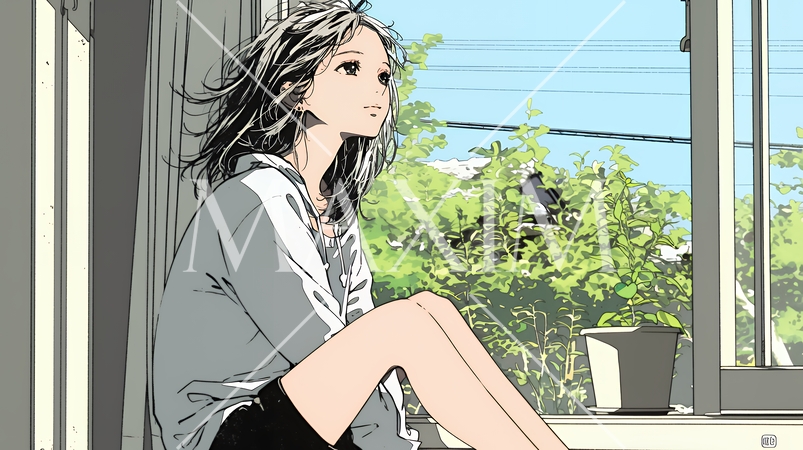 朝、カーテンを開けて天気を確認する若い女性