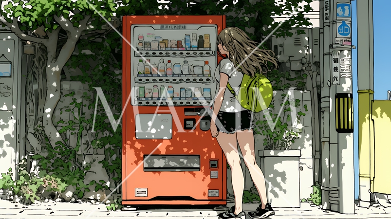 自動販売機で飲み物を購入する若い女性｜日常・ライフスタイル・屋外シーン