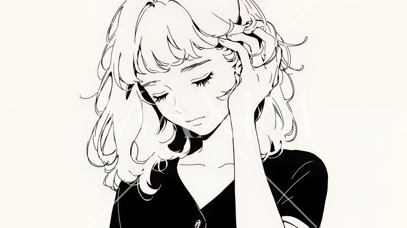 ため息をつく若い女性（シンプルな色使い）