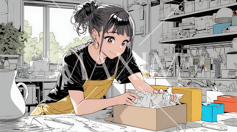 引っ越しの荷造り・荷解きをしている若い女性