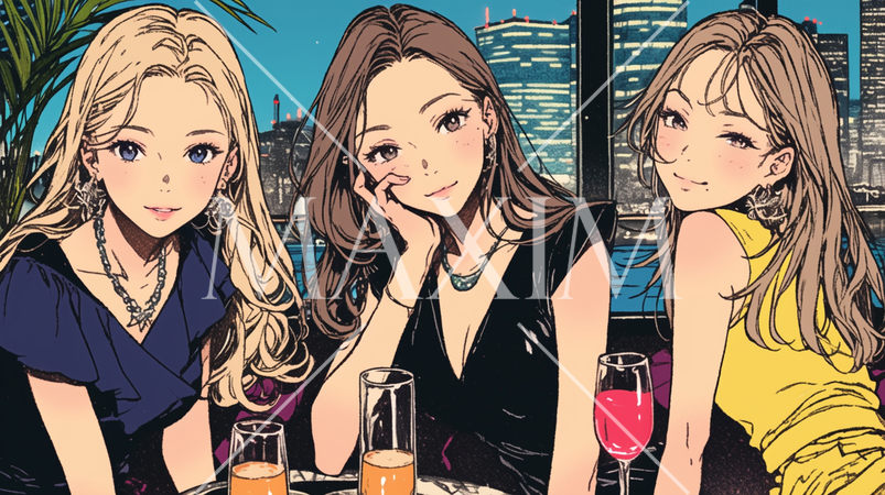 女子会：気の合う女友達が集まり、酒を交わし、おいしい食事をしながら、仕事の話や恋バナをしている