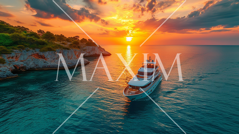 南洋の孤島とヨットと夕日：精緻CG