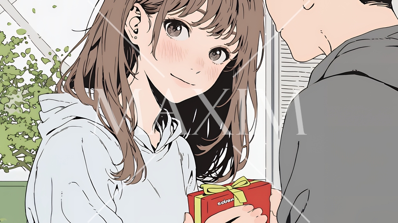 バレンタインディのチョコを男性に渡そうとしている若い女性