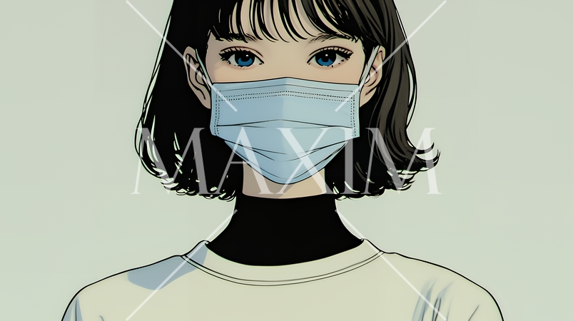 使い捨て不織布マスクをつけた若い女性