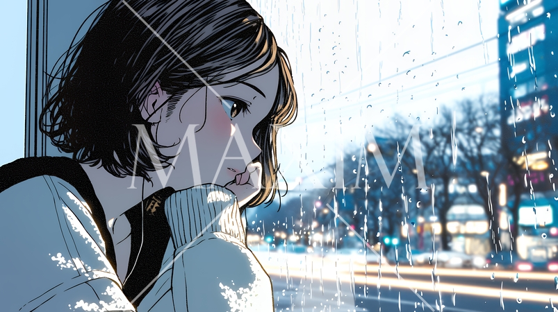 思案・反省・諦め? 窓から流れ落ちる雨粒を見つめる若い女性