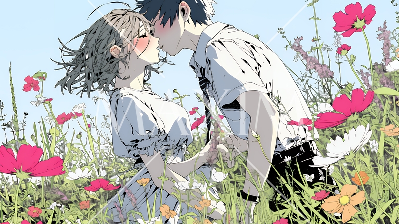 コスモス畑でデートをしている若いカップル