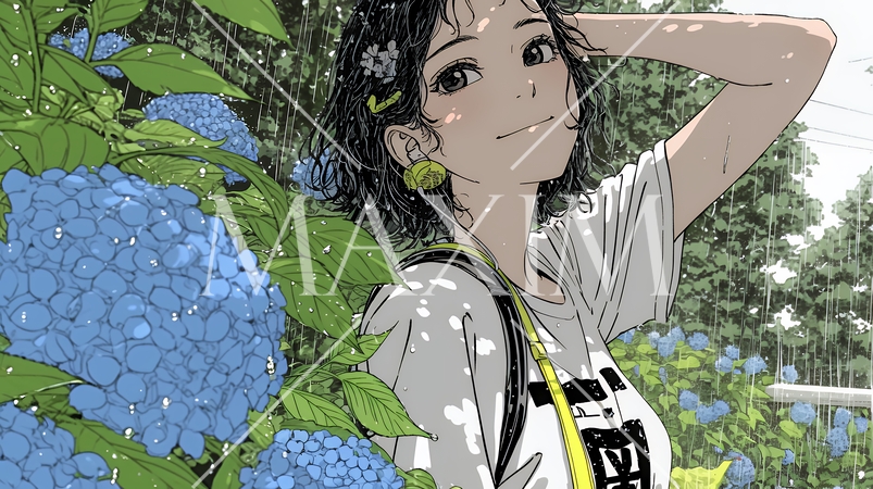 アジサイと梅雨の長雨と若い女性