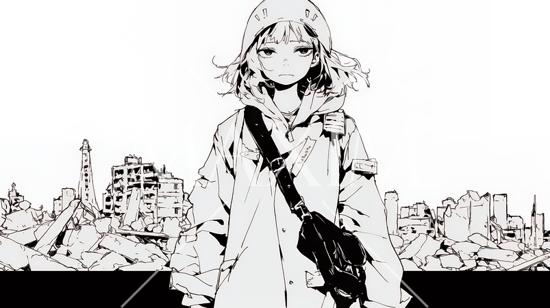 震災や空爆などで破壊された街で孤独に立ちすくむ若い女性（シンプルな色合い）