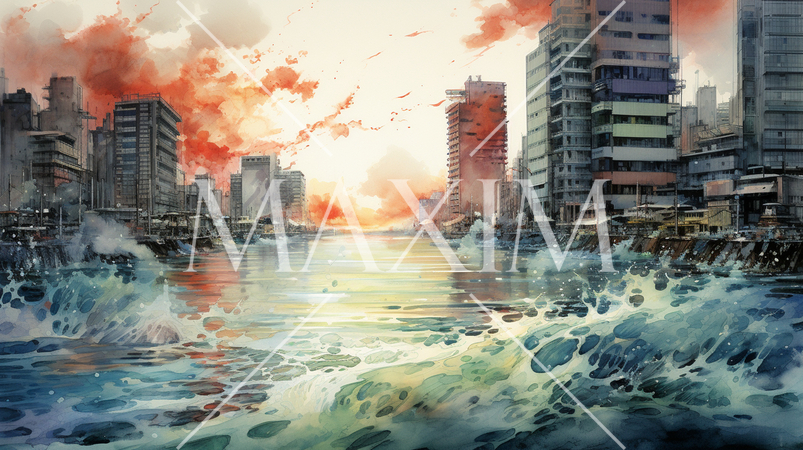 都市を襲う津波・洪水：都市に洪水の被害が出ている様子の水彩画