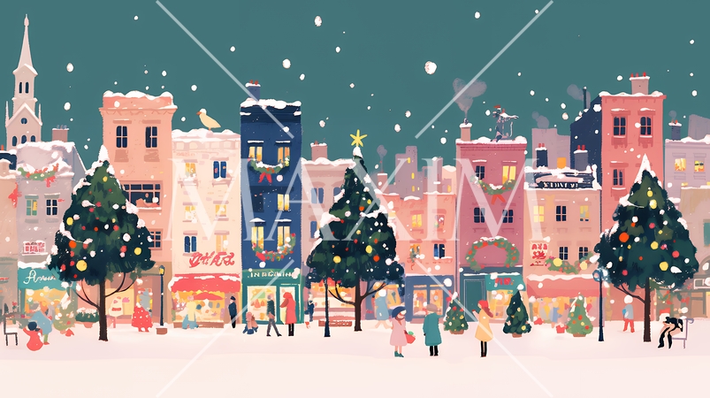 イルミネーションが彩るホワイトクリスマスの都会（ポップでキュートな表現）