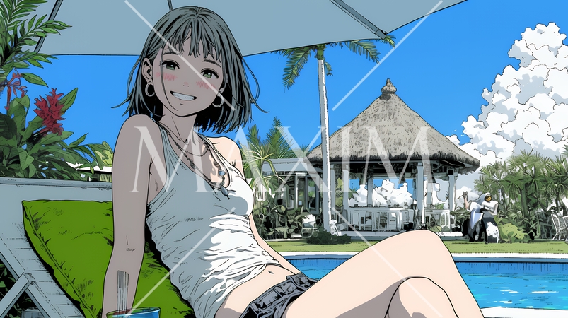 沖縄の海辺のリゾートホテルでリゾッチャしている若い女性