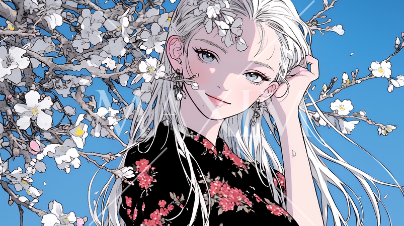 梅花と和服姿の若い女性