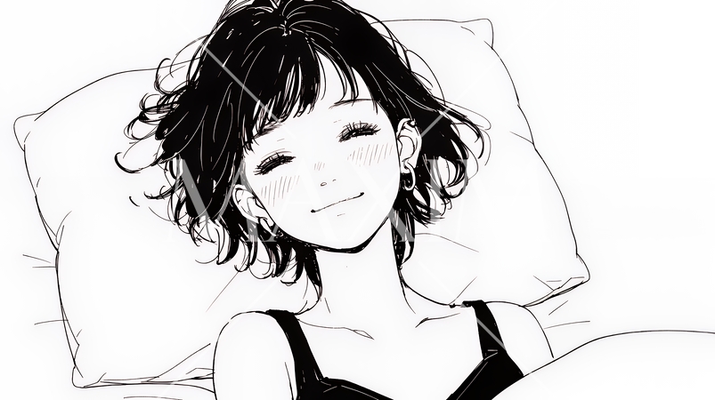 幸せそうな寝顔で眠っている若い女性（シンプルな色使い）