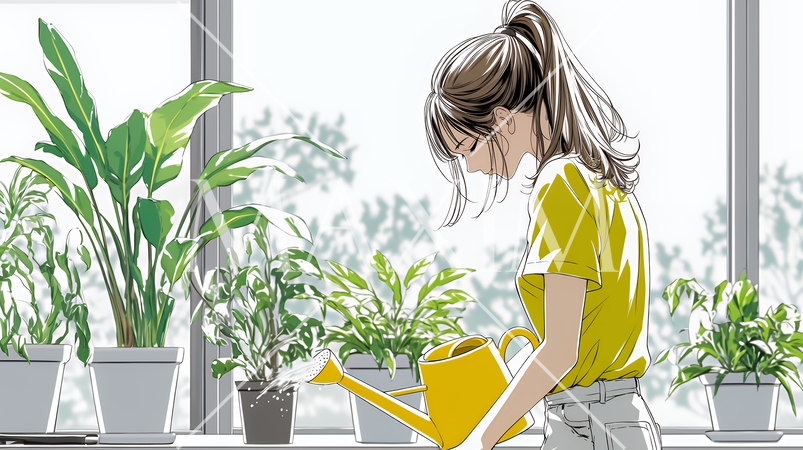 観葉植物の世話をする若い女性