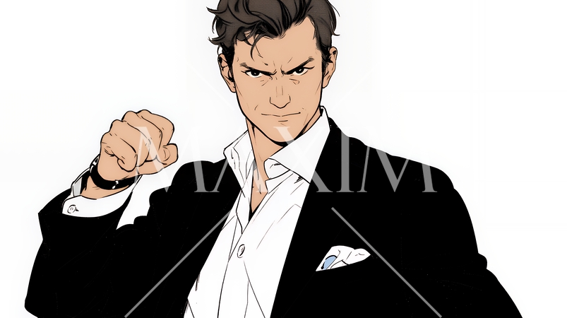 ガッツポーズ（拳を握って力強く）をしているビジネスマン（シンプルな色使い）