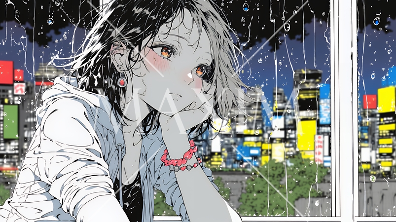 思案・反省・諦め? 窓から流れ落ちる雨粒を見つめる若い女性