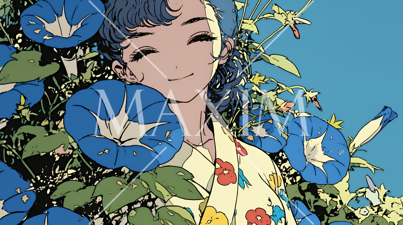 アサガオと浴衣姿の若い女性
