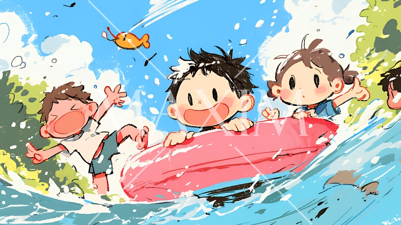 小学生の夏の思い出：川辺に遊びに行く（クレヨン＋水彩画風）