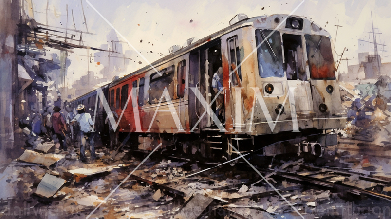 列車事故：列車事故発生直後の水彩画