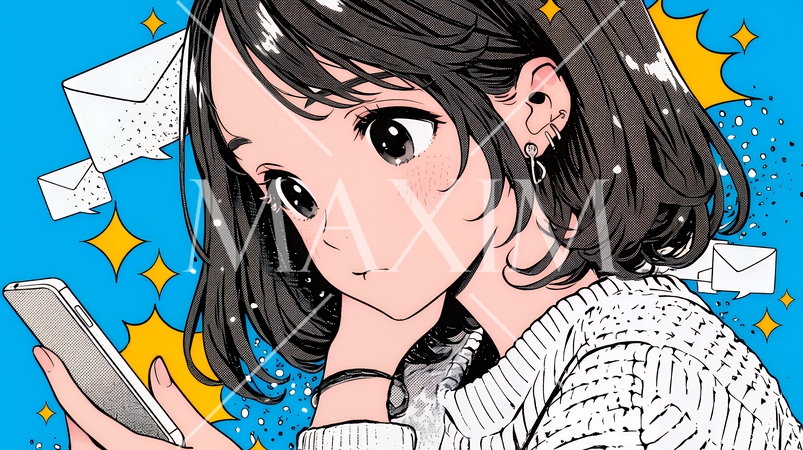 スマホでメールを読みながら唇を噛んでいる神経質な女性。表情には不安が漂っている。