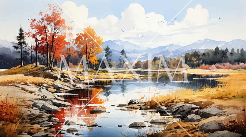 木々の紅葉が水面に映る美しい水辺の風景：水彩画